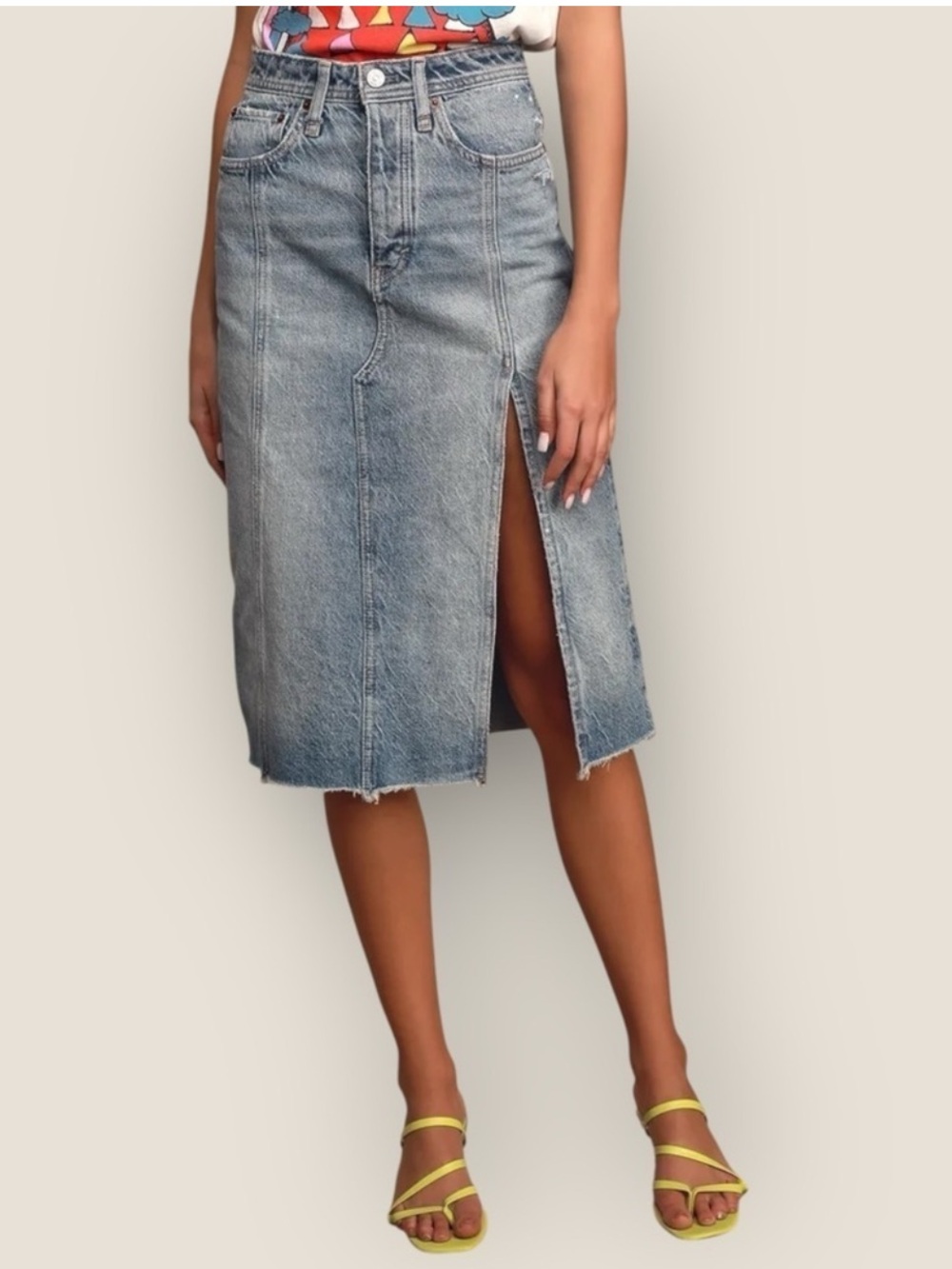 Free People Mambo Light Wash Denim Midi Skirt 25 Raw Hem Front Slit Button Fly